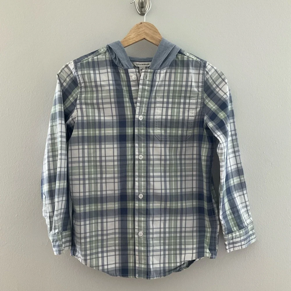 Lucky Brand Large (10-12) Plaid Hooded Shirt — Gray, Navy & Olive